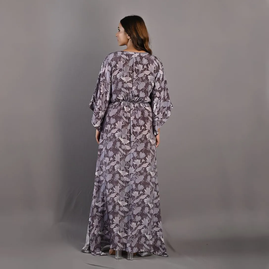 Chrysanta- Mauve Floral Printed Kaftan Dress with Embroidered Waistline