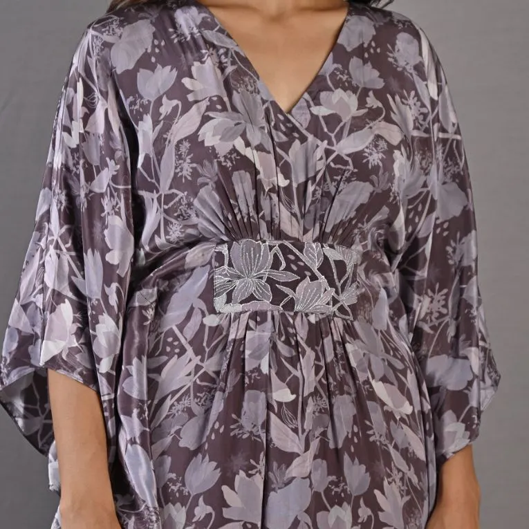 Chrysanta- Mauve Floral Printed Kaftan Dress with Embroidered Waistline