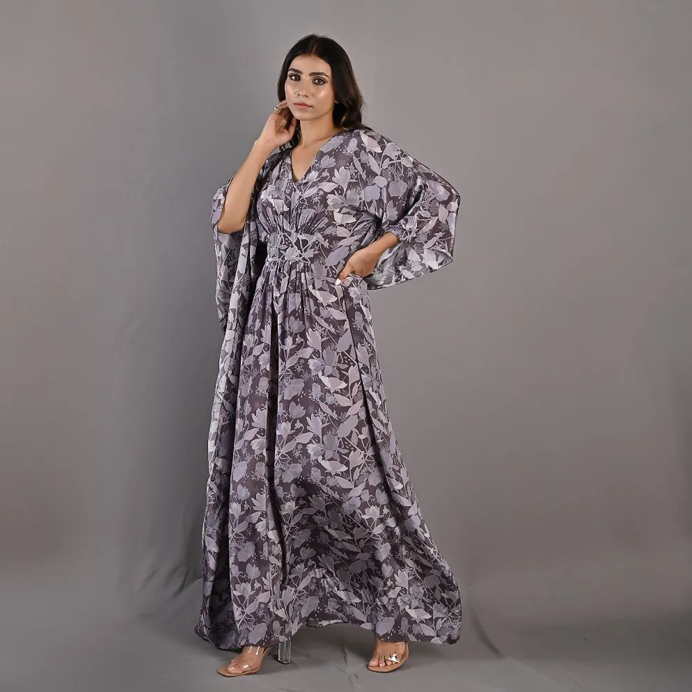 Chrysanta- Mauve Floral Printed Kaftan Dress with Embroidered Waistline