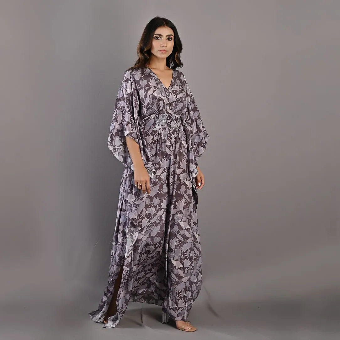 Chrysanta- Mauve Floral Printed Kaftan Dress with Embroidered Waistline