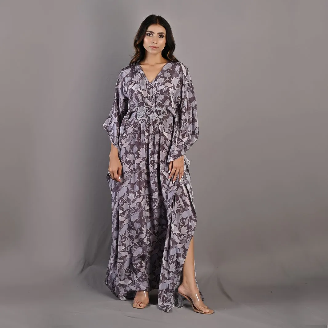 Chrysanta- Mauve Floral Printed Kaftan Dress with Embroidered Waistline