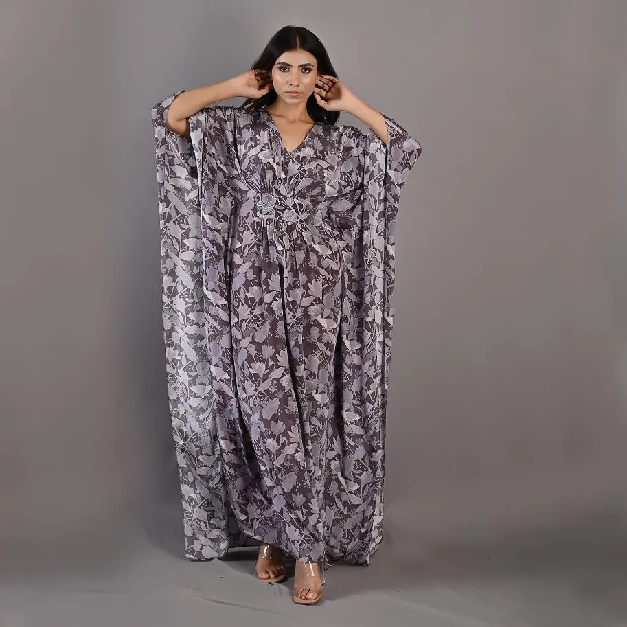 Chrysanta- Mauve Floral Printed Kaftan Dress with Embroidered Waistline