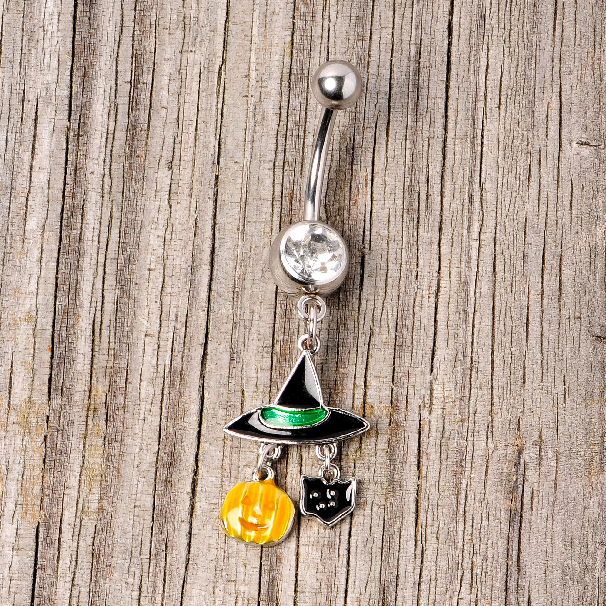 Clear Gem Witch Hat Bat Orange Pumpkin Halloween Dangle Belly Ring