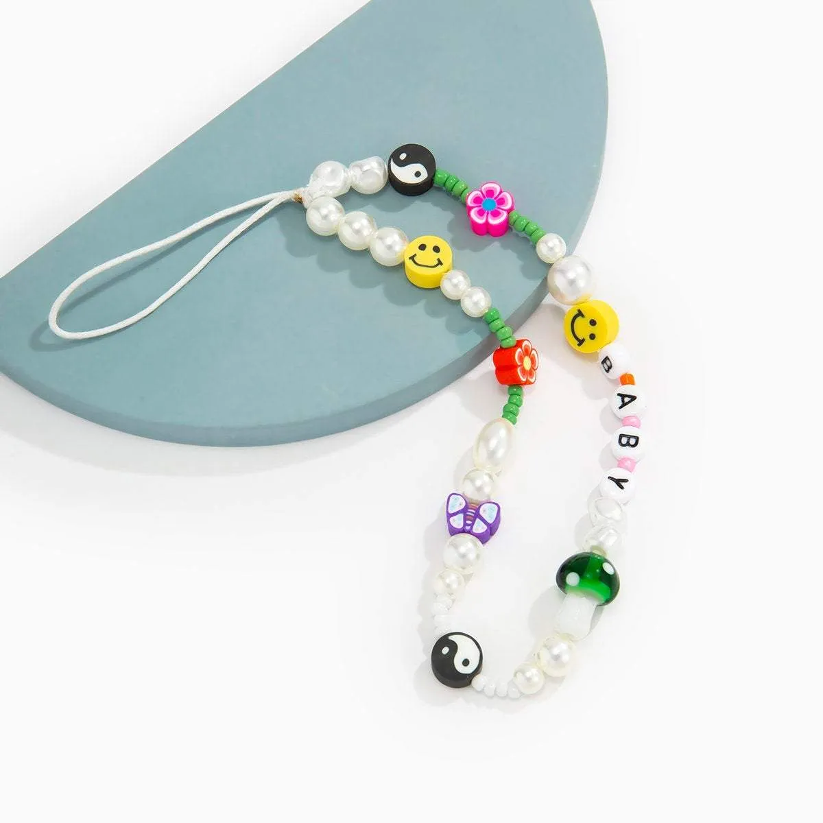Colorful Seed Beaded Pearl Floral Yin Yang Smile Face BABY Charm Phone Strap