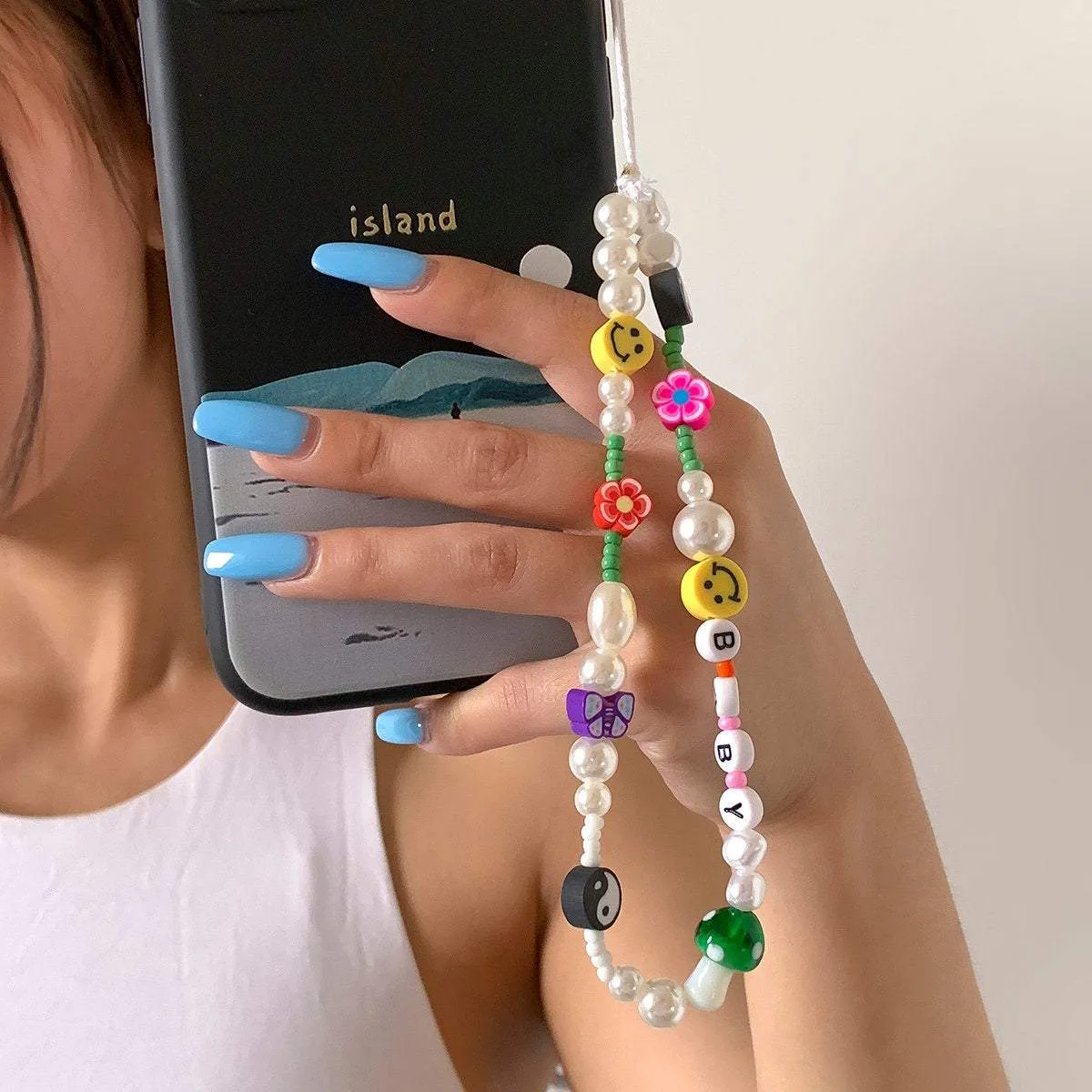 Colorful Seed Beaded Pearl Floral Yin Yang Smile Face BABY Charm Phone Strap