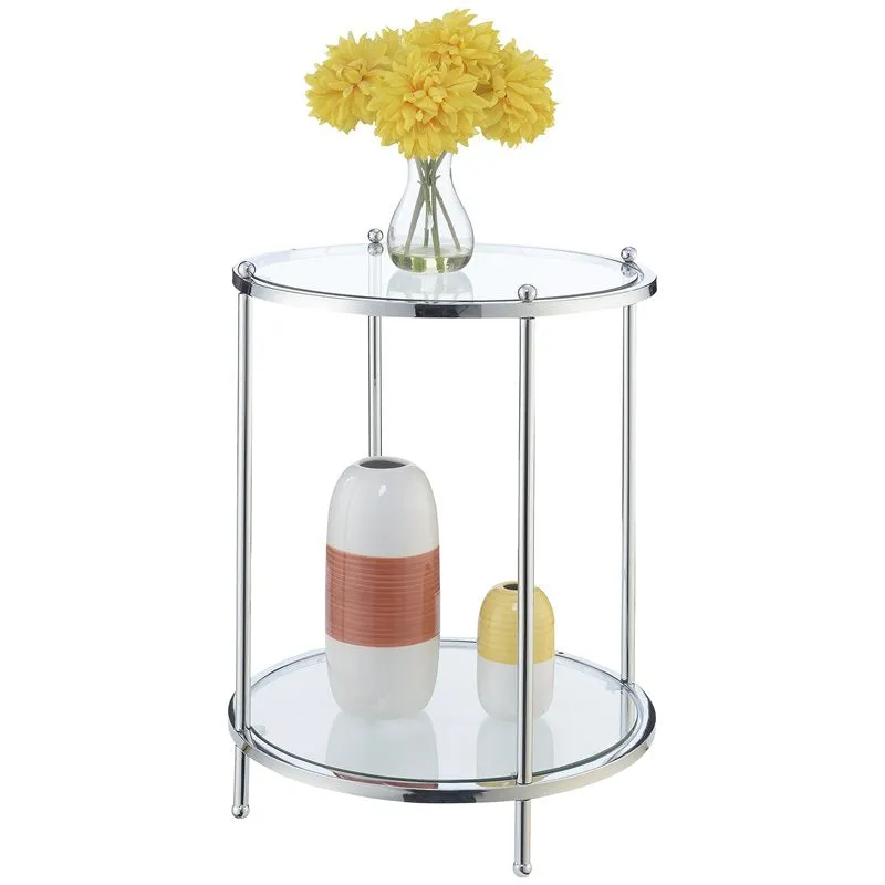 Convenience Concepts Royal Crest 2 Tier Round End Table, Clear Glass/Chrome! 18.0 In. X 18.0 In. X 24.0 In. Retails $169 
