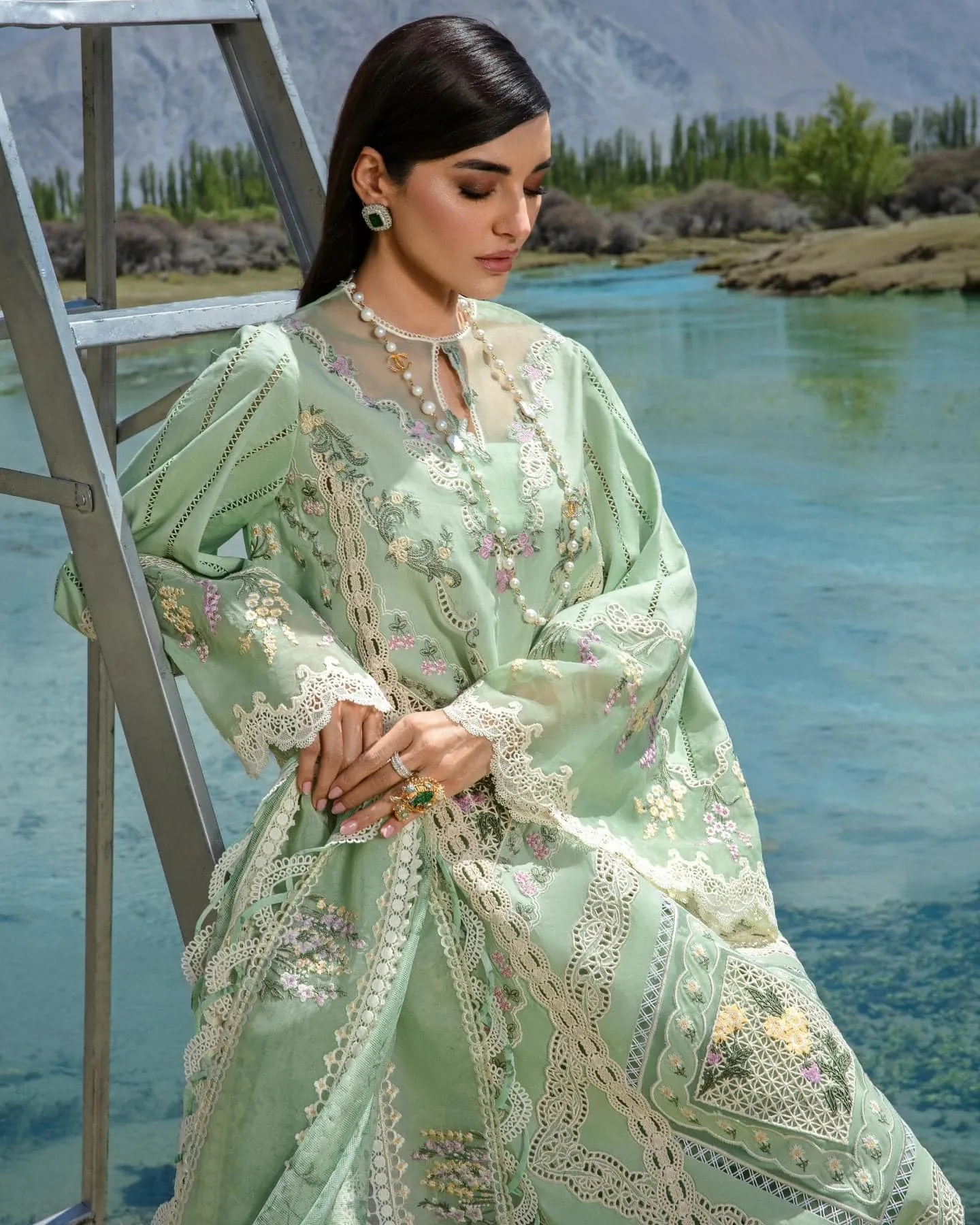 Crimson Luxury Lawn Embroidered Collection A French Brunch - Sage