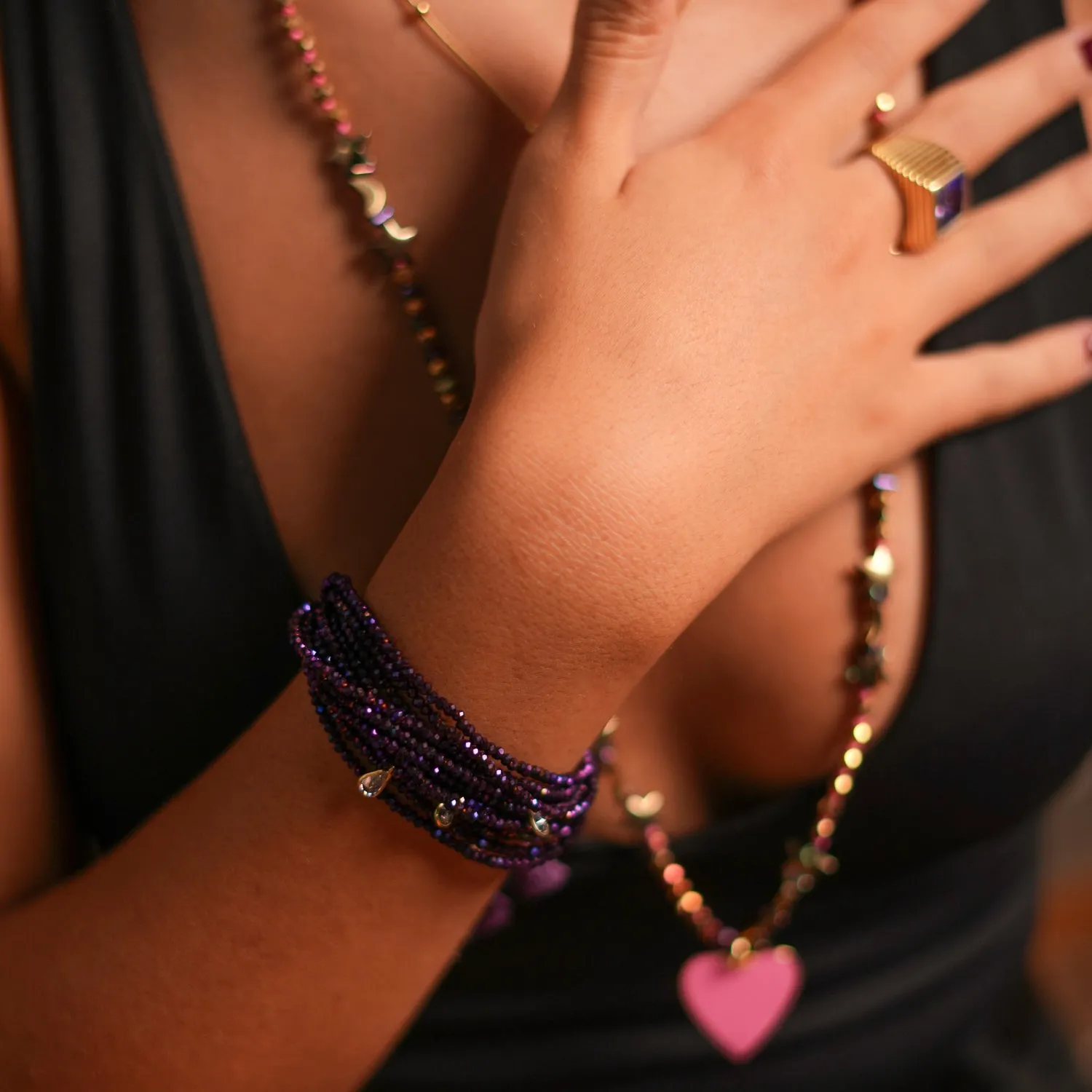 Crystal & Diamond Multi Strand Purple Adjustable Bracelet
