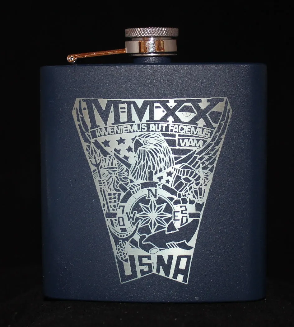 Custom Laser Engraved 6 oz Stainless Steel powder coated Flask USNA USMMA USAFA