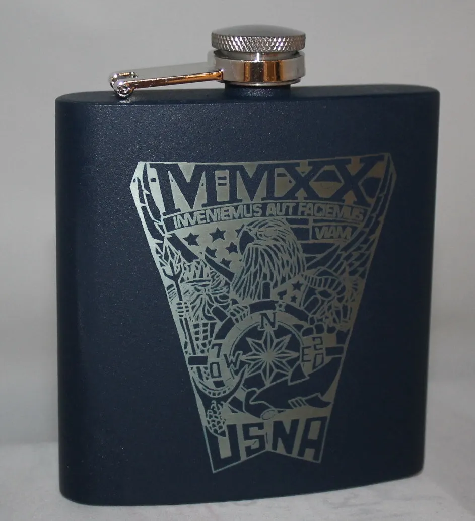 Custom Laser Engraved 6 oz Stainless Steel powder coated Flask USNA USMMA USAFA