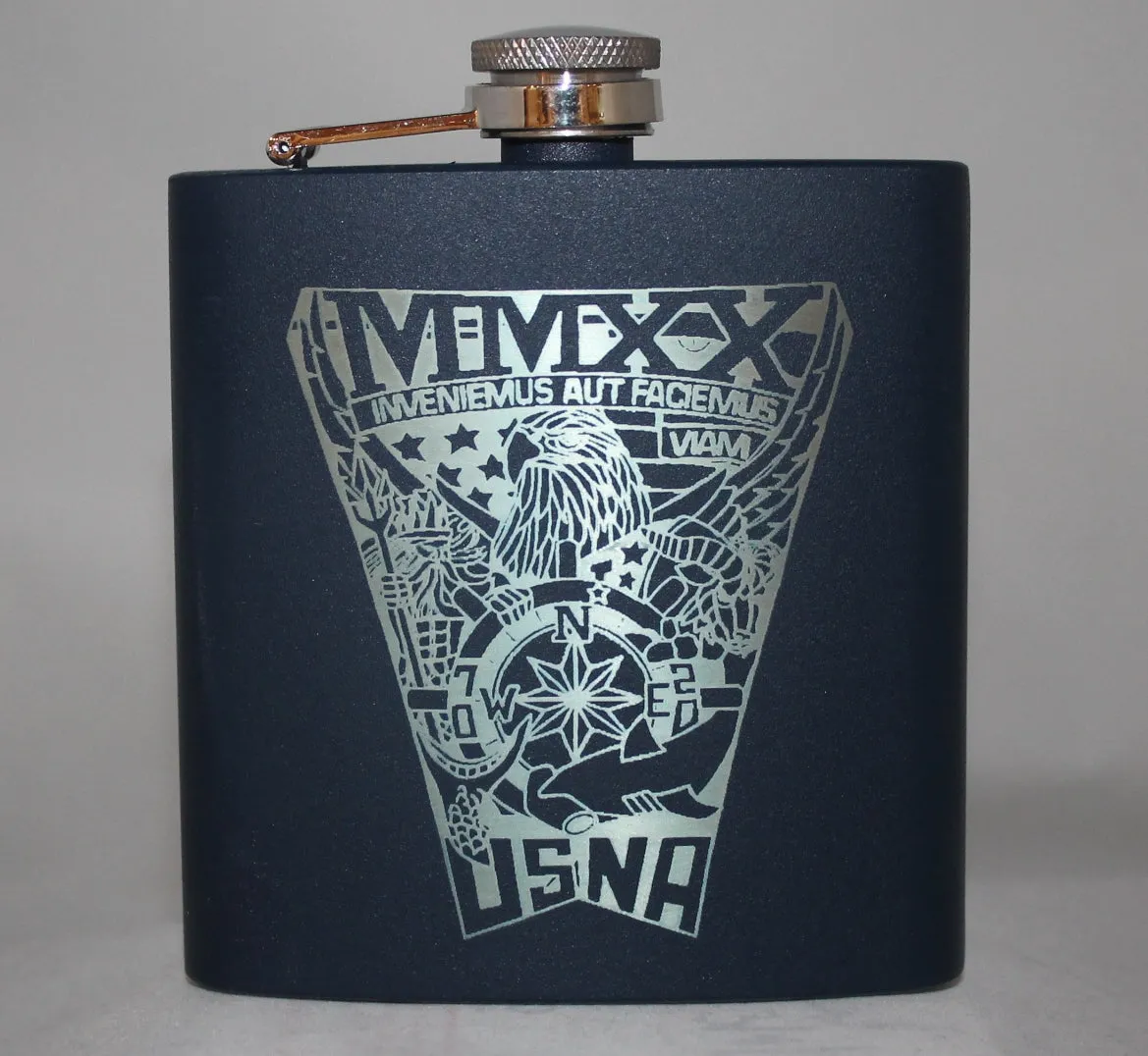 Custom Laser Engraved 6 oz Stainless Steel powder coated Flask USNA USMMA USAFA