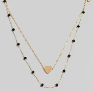 Dainty Heart Double Layered Beaded Necklace in Black/Gold