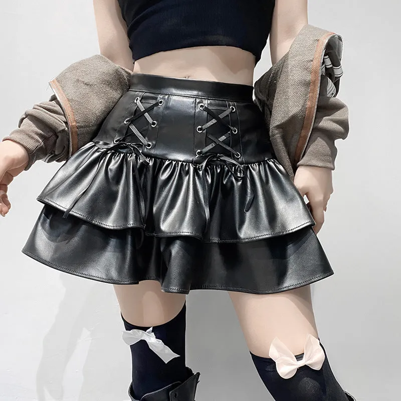 Dark Faux Leather Double Layer Skirt
