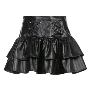 Dark Faux Leather Double Layer Skirt