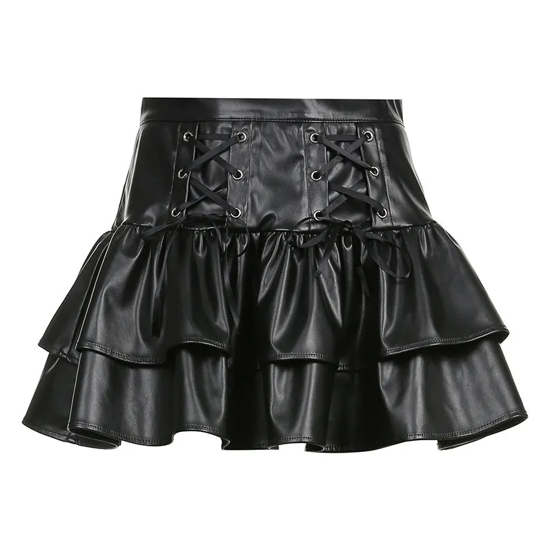 Dark Faux Leather Double Layer Skirt