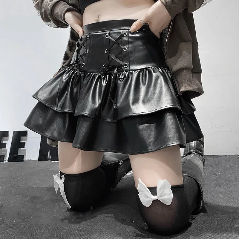 Dark Faux Leather Double Layer Skirt