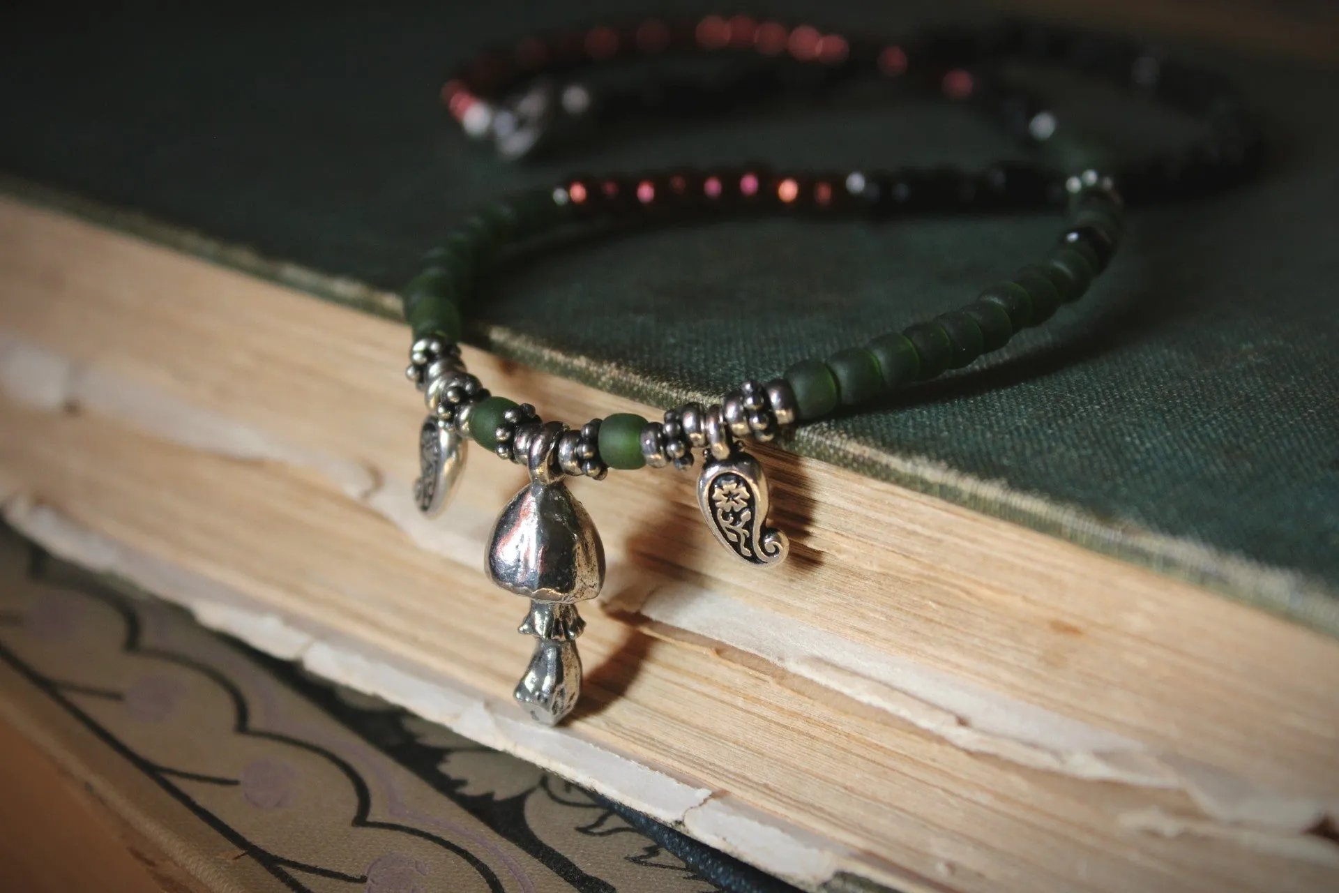 Death Cap. Hand-strung Beaded Charm Necklace.