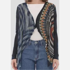 Desigual Open Lightweight Cardigan Sweater Drape Waterfall Top Rhinestone Large