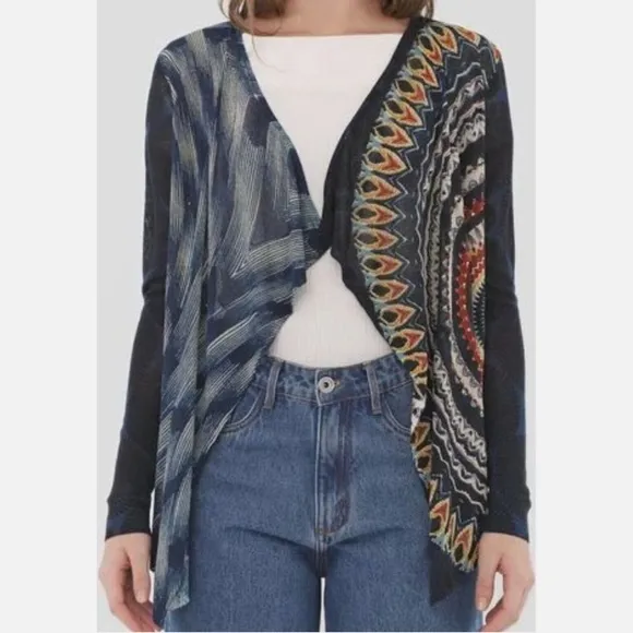 Desigual Open Lightweight Cardigan Sweater Drape Waterfall Top Rhinestone Large