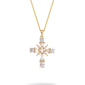 Divine Pearl & Diamond Cross Gold Chain Necklace
