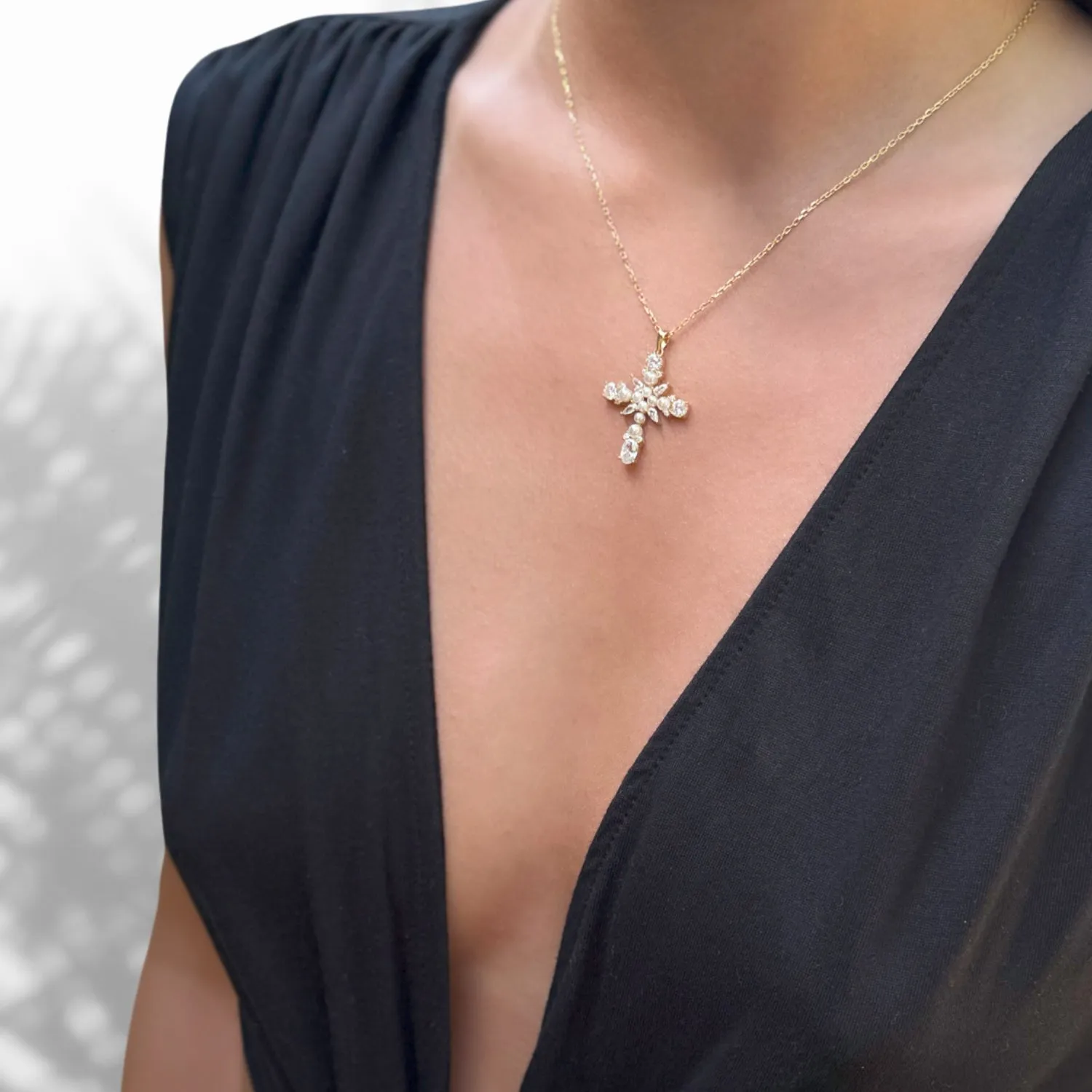 Divine Pearl & Diamond Cross Gold Chain Necklace