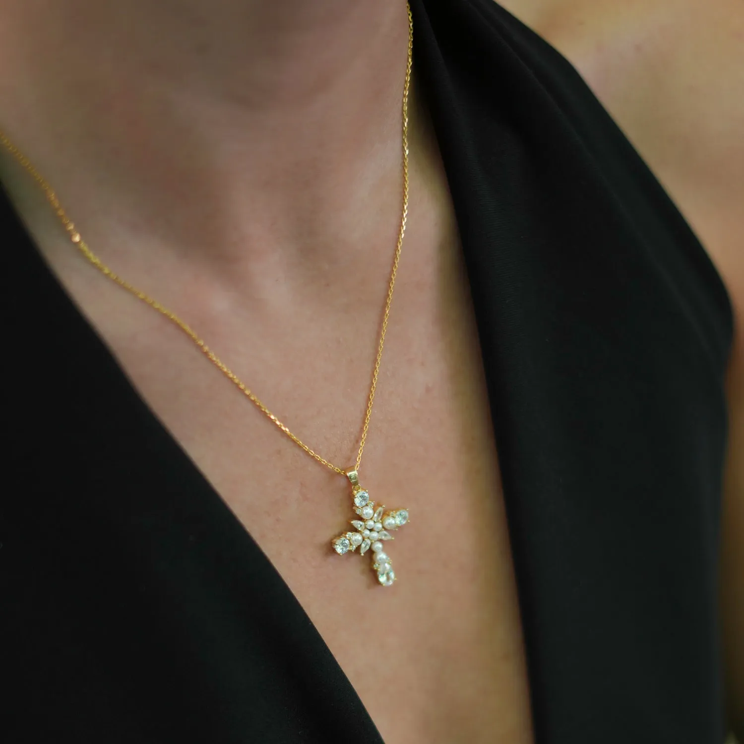 Divine Pearl & Diamond Cross Gold Chain Necklace