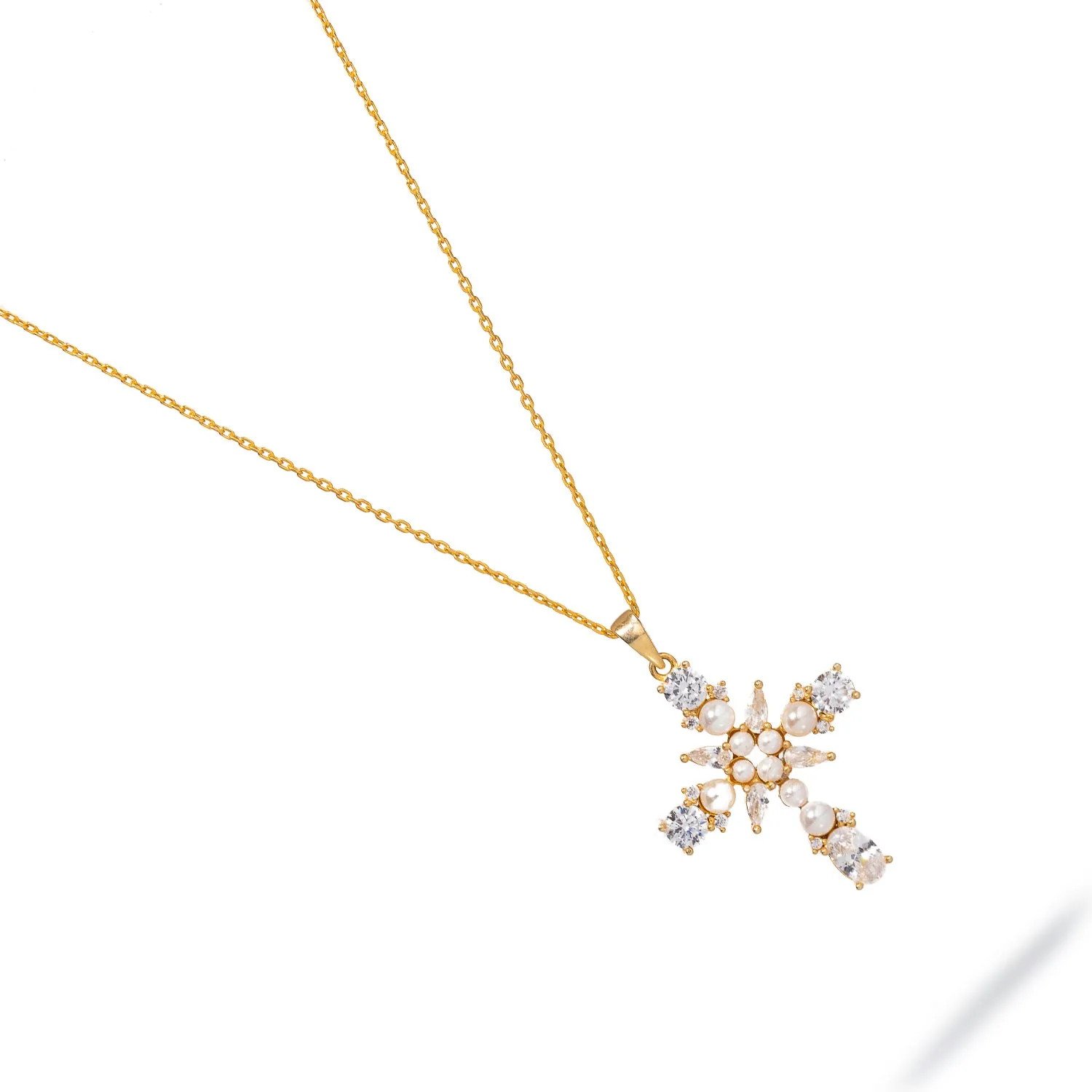 Divine Pearl & Diamond Cross Gold Chain Necklace