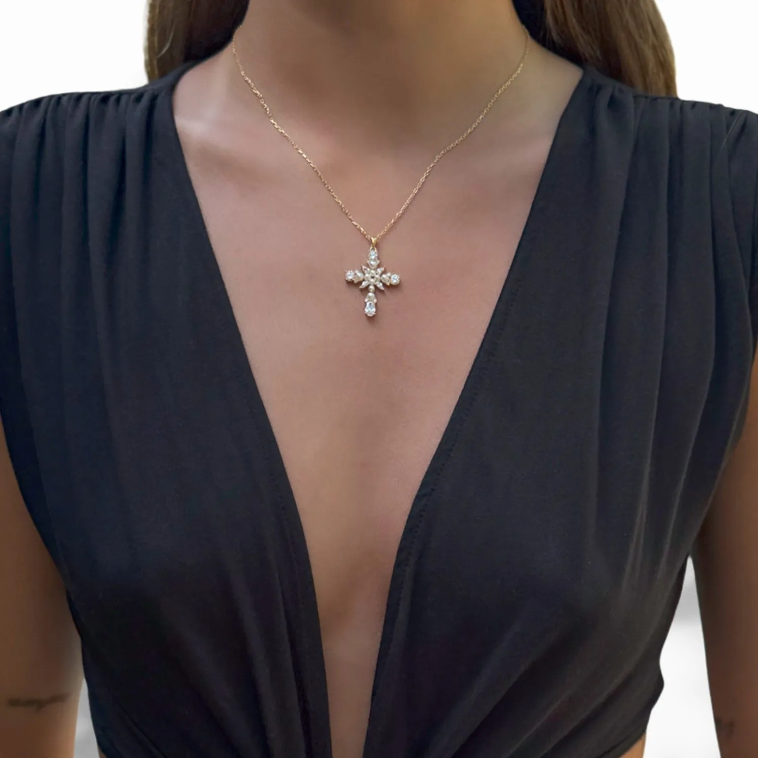 Divine Pearl & Diamond Cross Gold Chain Necklace
