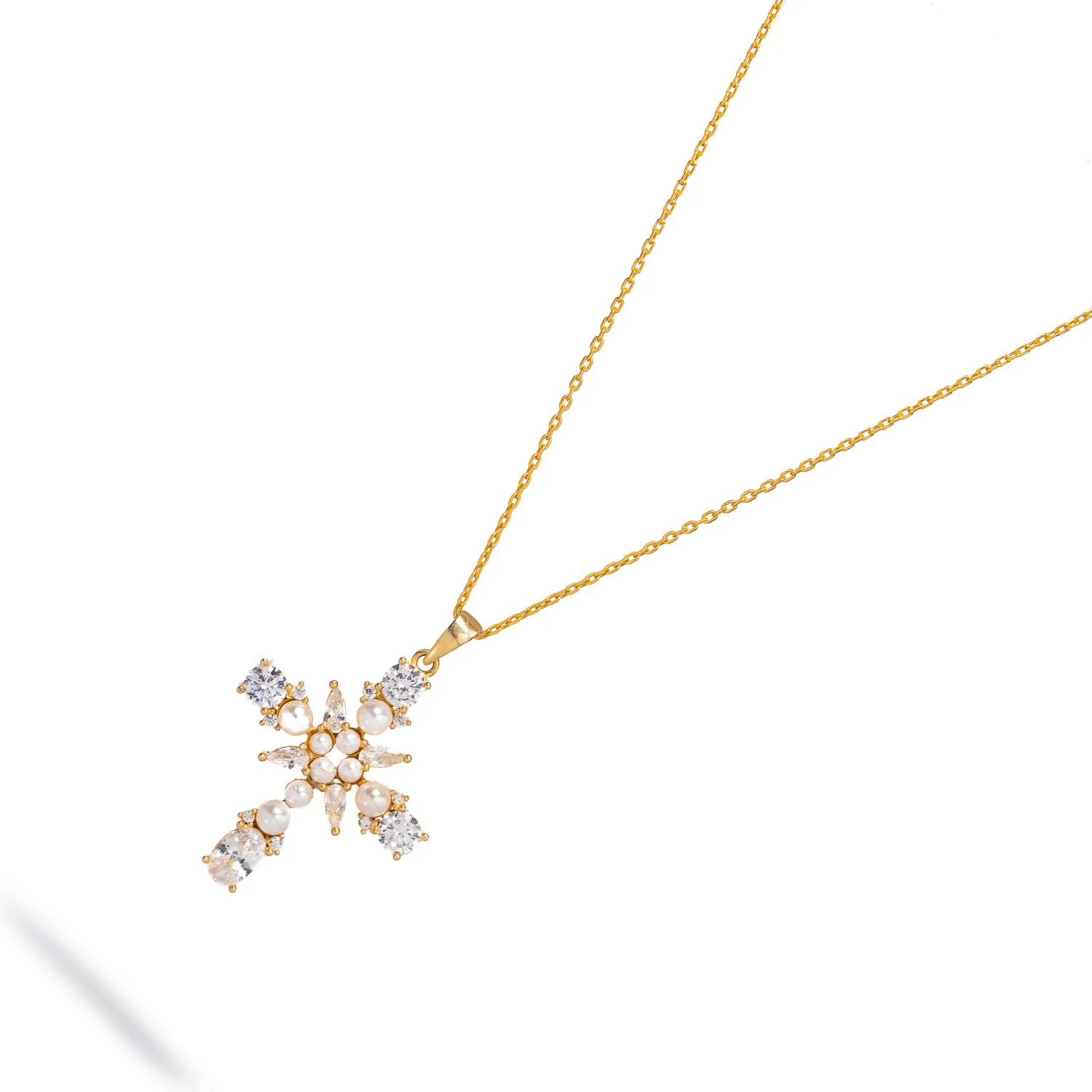 Divine Pearl & Diamond Cross Gold Chain Necklace