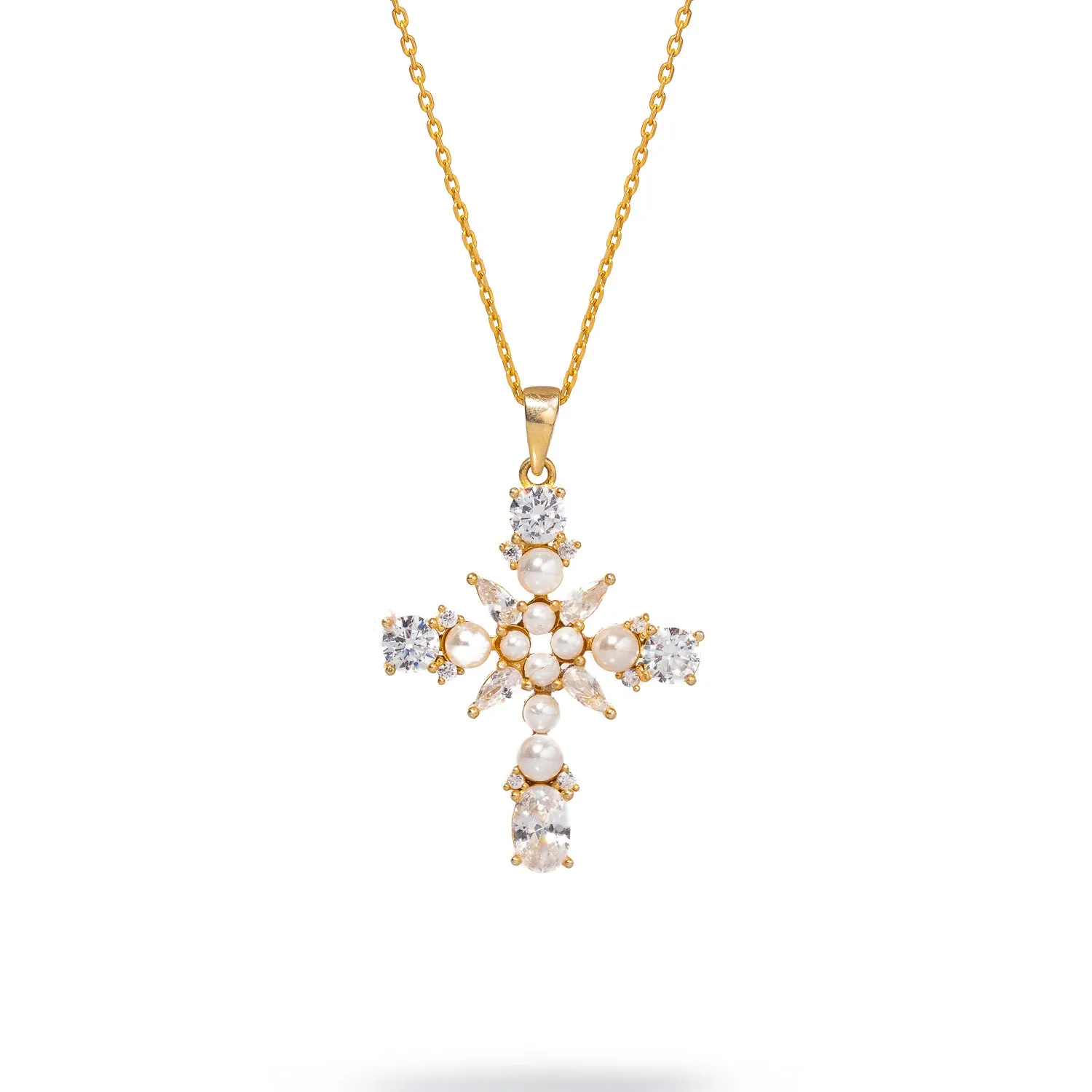 Divine Pearl & Diamond Cross Gold Chain Necklace