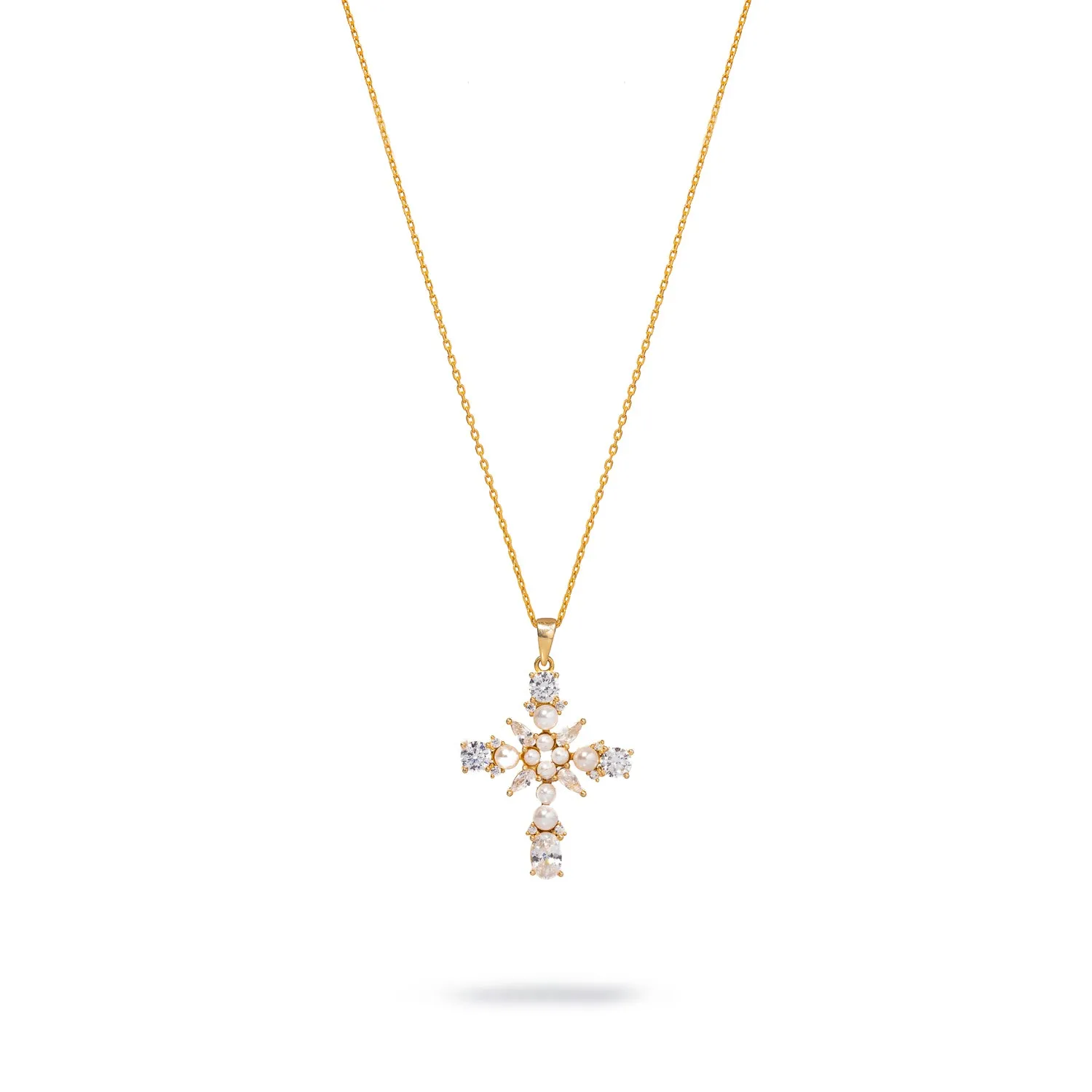 Divine Pearl & Diamond Cross Gold Chain Necklace