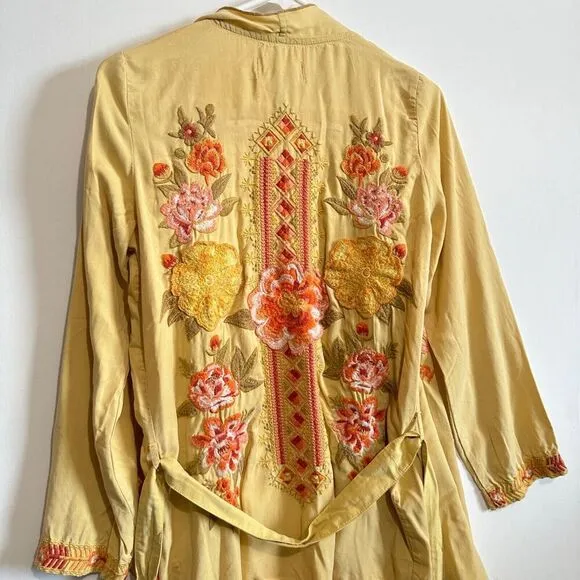 Driftwood Abby Goldie Yellow Mustard Boho Floral Embroidered Belted Kimono Sz S