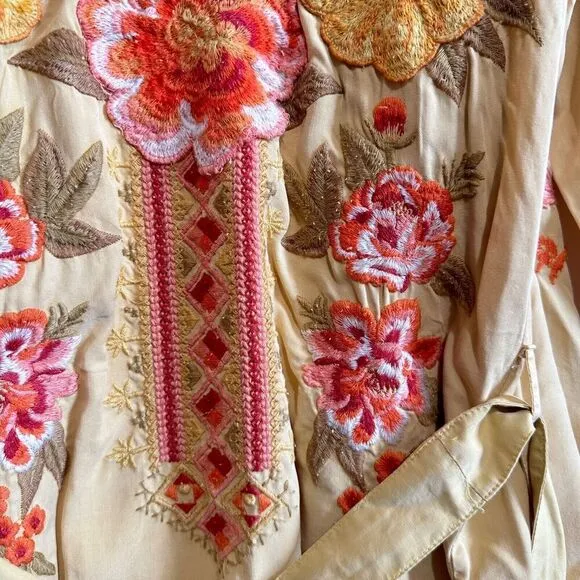 Driftwood Abby Goldie Yellow Mustard Boho Floral Embroidered Belted Kimono Sz S