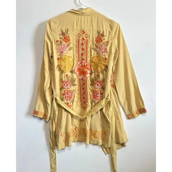 Driftwood Abby Goldie Yellow Mustard Boho Floral Embroidered Belted Kimono Sz S