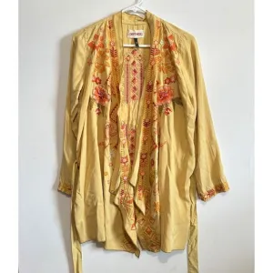 Driftwood Abby Goldie Yellow Mustard Boho Floral Embroidered Belted Kimono Sz S