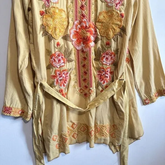 Driftwood Abby Goldie Yellow Mustard Boho Floral Embroidered Belted Kimono Sz S