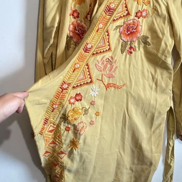 Driftwood Abby Goldie Yellow Mustard Boho Floral Embroidered Belted Kimono Sz S
