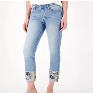 Driftwood Colette Embroidered Cuff Cropped High Rise Jeans Size 14