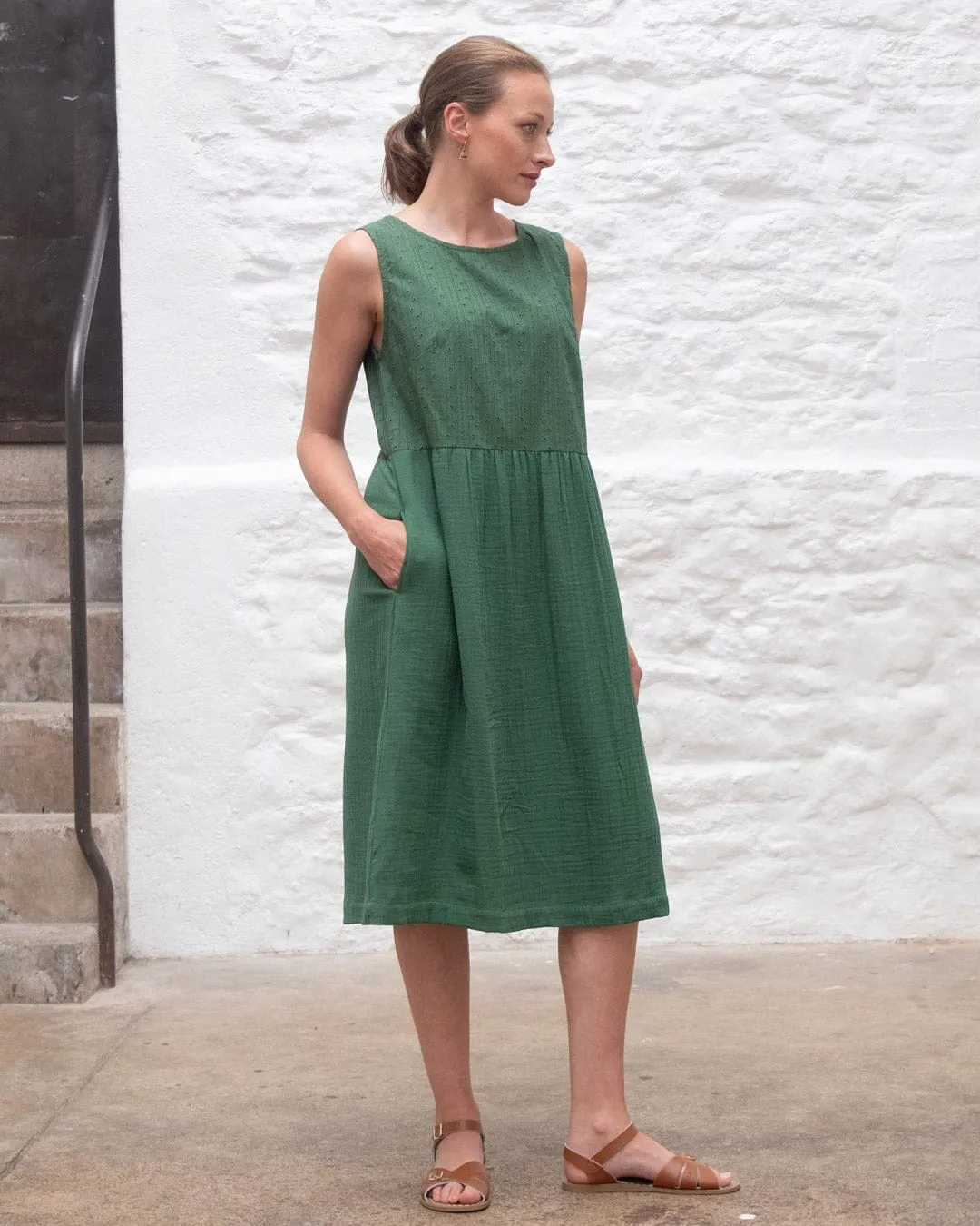 Elaine Cotton Day Dress | Forest Green