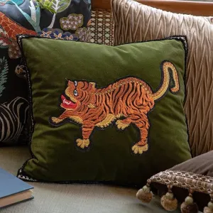 Embroidered Asian Tiger Green Velvet Throw Pillow Cover