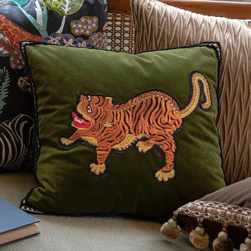 Embroidered Asian Tiger Green Velvet Throw Pillow Cover