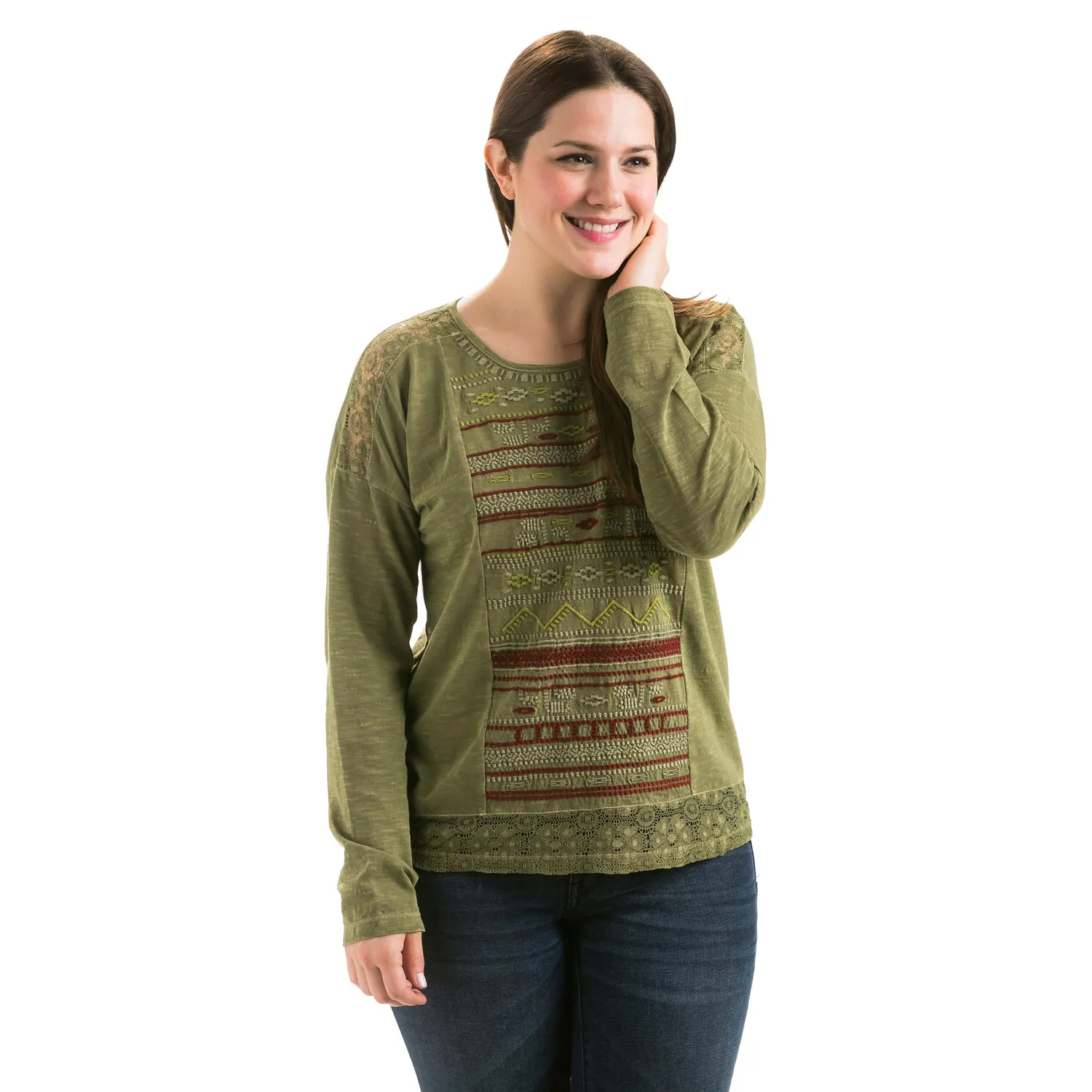Embroidered Bohemian Traveler Top, Green,7tp248