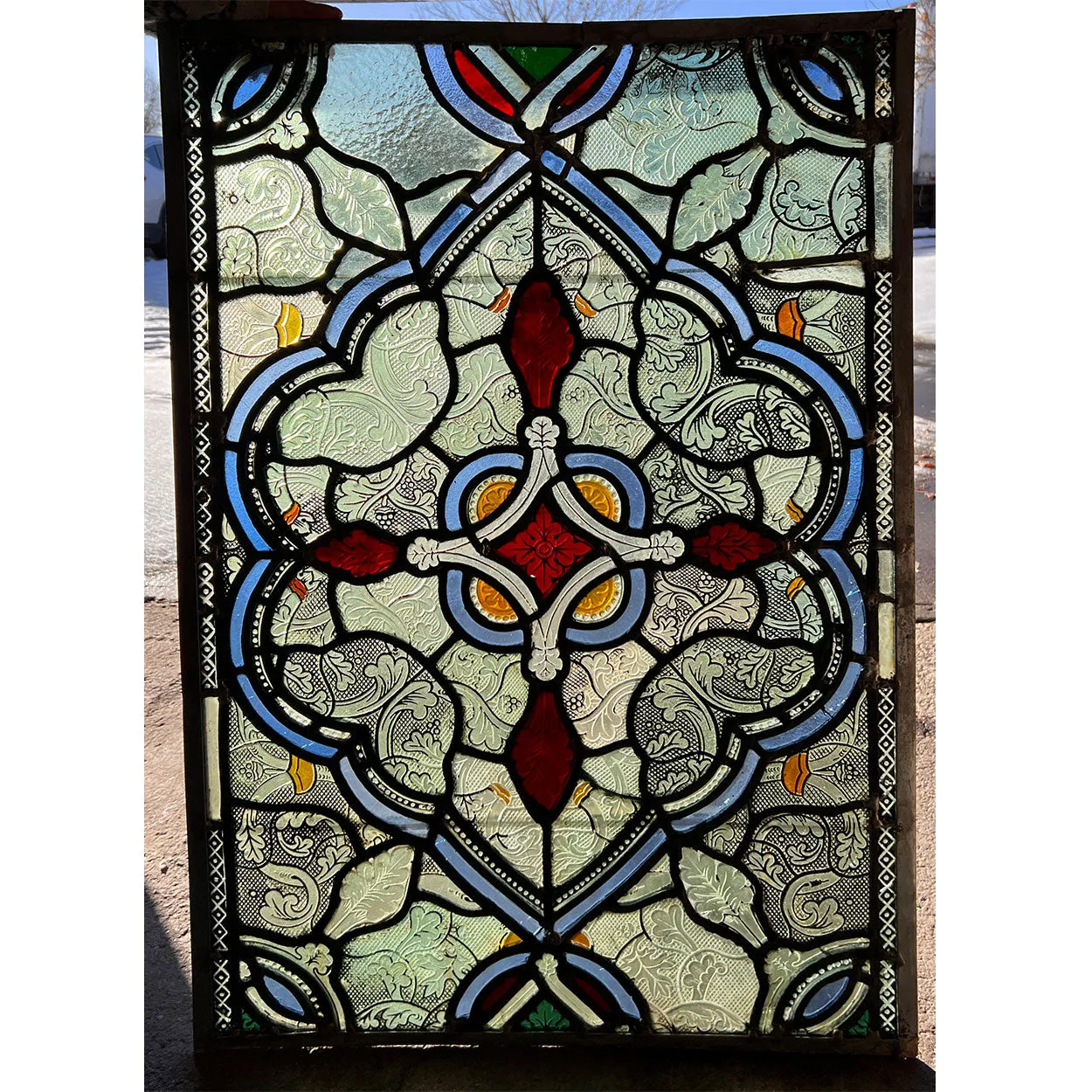English Gothic Revival Leaded, Stained and Pressed Glass Rectangular Window
