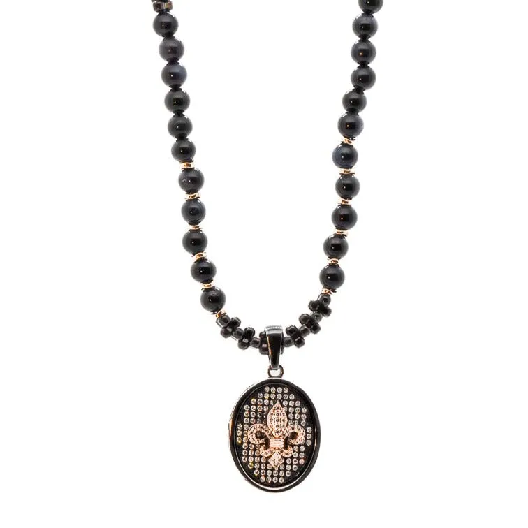 Fleur De Lis Sterling Silver Pendant Labradorite Beaded Necklace