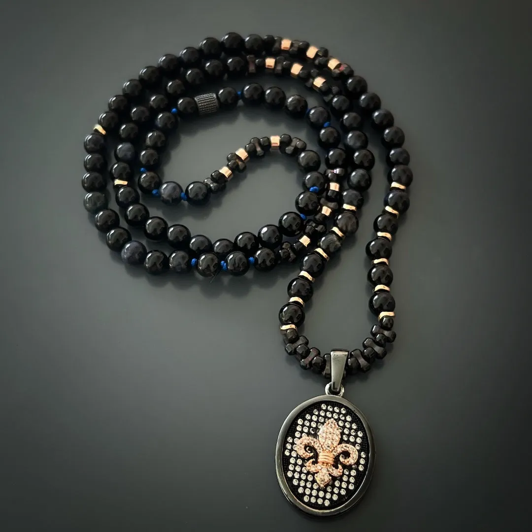 Fleur De Lis Sterling Silver Pendant Labradorite Beaded Necklace