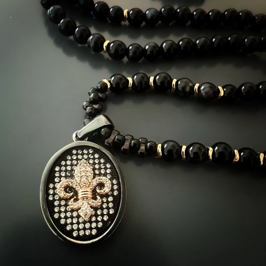 Fleur De Lis Sterling Silver Pendant Labradorite Beaded Necklace