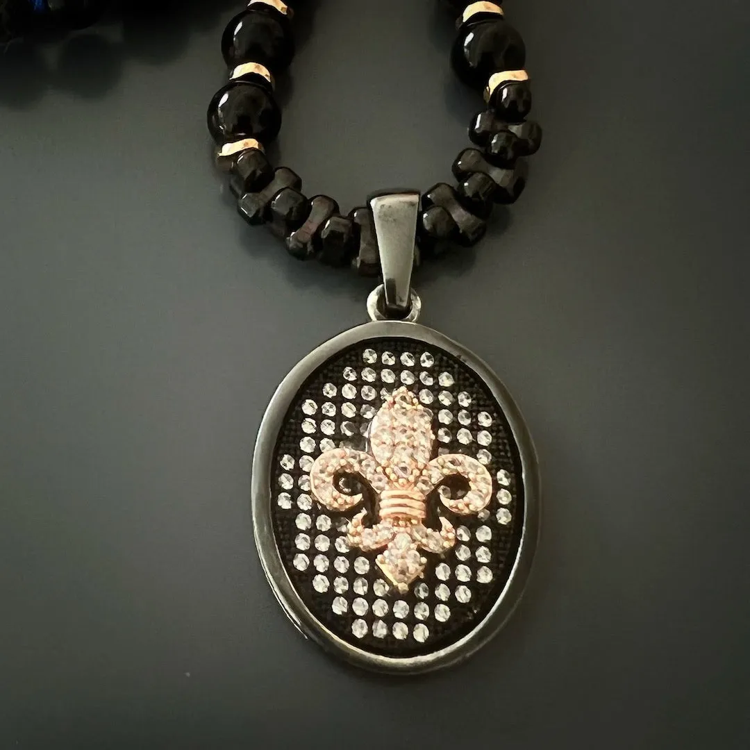 Fleur De Lis Sterling Silver Pendant Labradorite Beaded Necklace