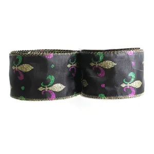 Fleur De Lis Wired Ribbon, Mardi Gras, Black
