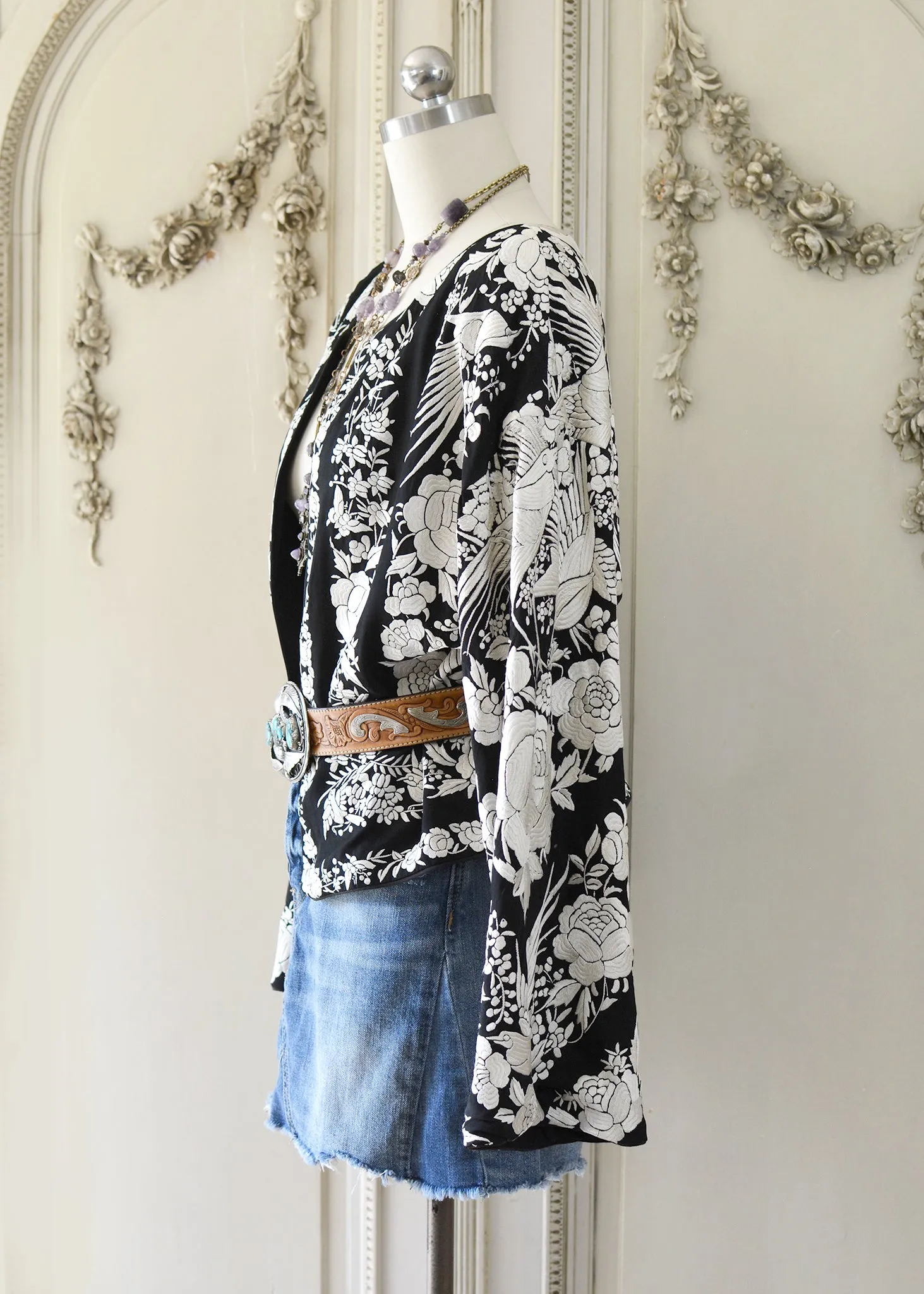 Francesca Antique Hand Embroidered Black & Creme Silk Crepe Jacket