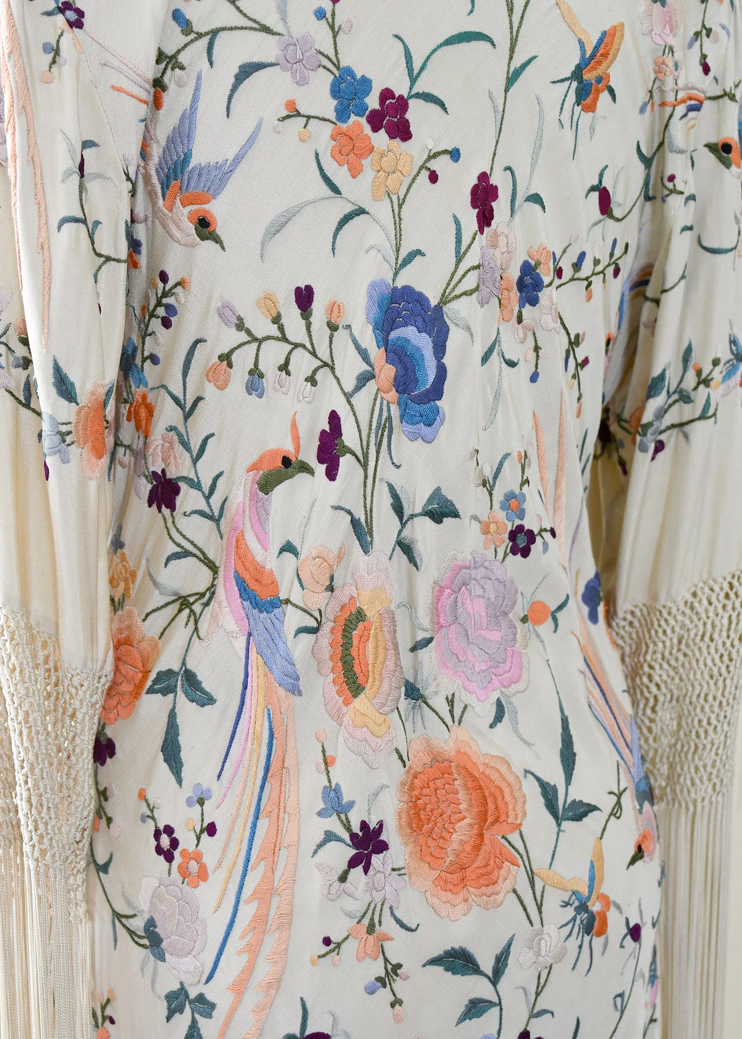 Francoise Antique Hand Embroidered Silk Crepe Parisian Garden Dress with Birds